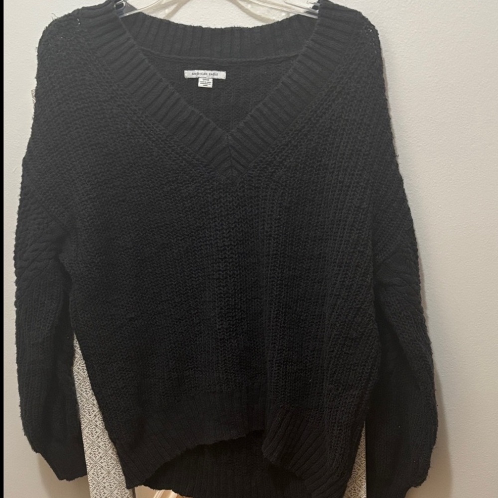 American Eagle Women’s Black V-Neck Cotton Loose Knit Sweater